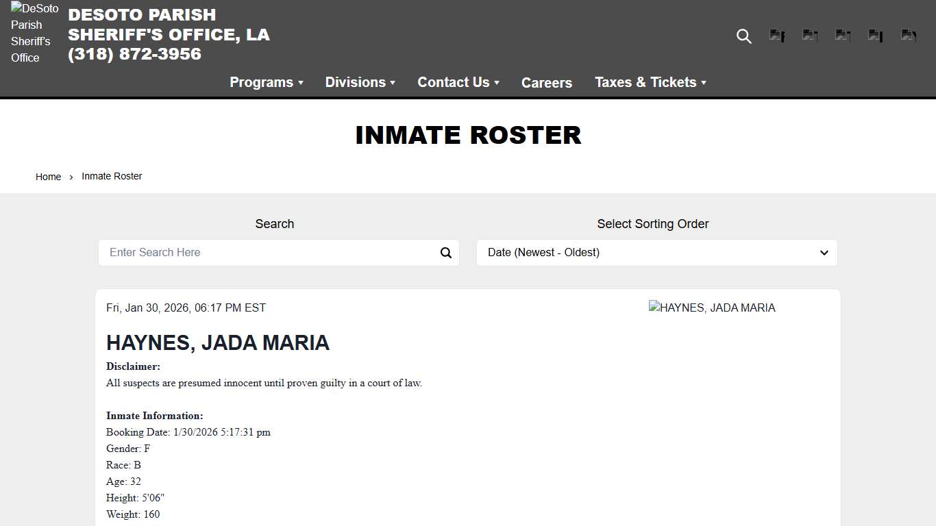Inmate Roster DeSoto Parish Sheriff’s Office (LA)